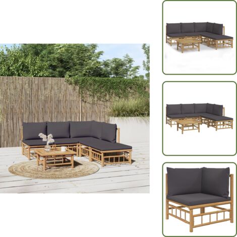 6-tlg. Garten-Lounge-Set mit Dunkelgrauen Kissen Bambus - Bambus Mbel -  Gartenloungeset - Outdoor Mblierung - Gartenmbel - Esstisch