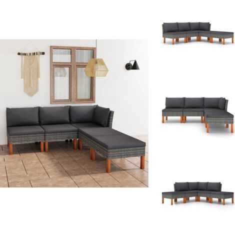 5tlg. GartenLoungeSet mit Kissen Poly Rattan Grau Gartenloungeset