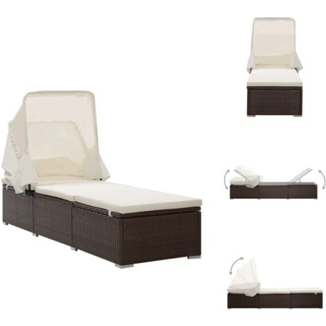 Sonnenliege mit Sonnenschutz und Auflagen Poly Rattan Braun