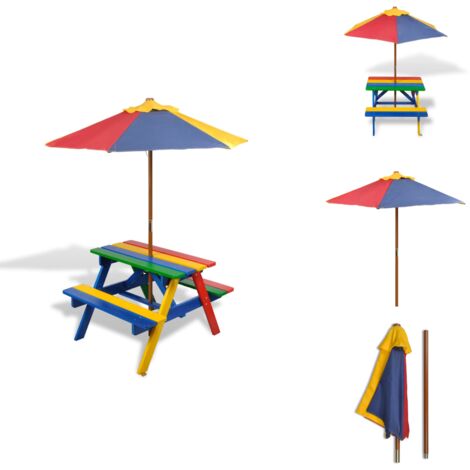 Kinder-Picknicktisch mit Bnken & Sonnenschirm Mehrfarbig Holz -  Holzspielplatz - Kindergartenmbel - Spieltisch - Outdoor Mbel -  Kinderspielzeug