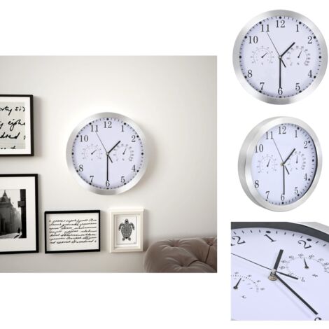 Horloge Murale Quartz Avec Thermomètre Et Hygromètre – Cadre Argenté, Cadran Blanc