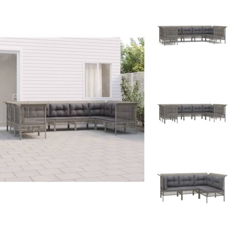 9tlg. GartenLoungeSet mit Kissen Grau Poly Rattan Gartenmöbel