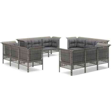 12tlg. GartenLoungeSet mit Kissen Grau Poly Rattan Garten Lounge