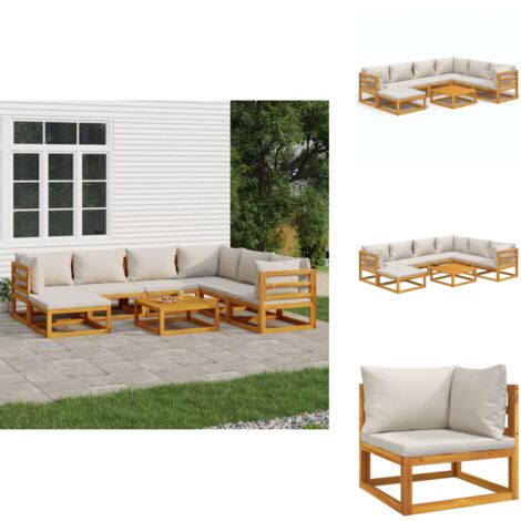 8tlg. GartenLoungeSet mit Hellgrauen Kissen Massivholz Gartenmöbel