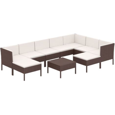 10tlg. GartenLoungeSet mit Auflagen Poly Rattan Braun