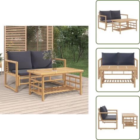 2-tlg. Garten-Lounge-Set mit Dunkelgrauen Kissen Bambus - Bambus Mbel -  Gartenloungeset - Loungembel - Outdoor Mbel - Gartenbank