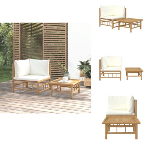 2tlg. GartenLoungeSet mit Cremeweißen Kissen Bambus Bambus Möbel