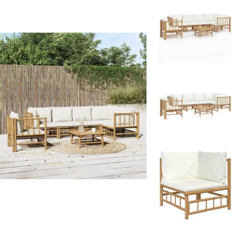 7tlg. GartenLoungeSet mit Cremeweißen Kissen Bambus Bambus Möbel