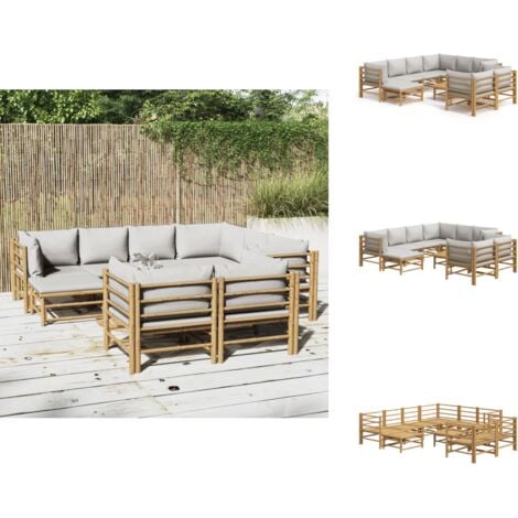 10tlg. GartenLoungeSet mit Hellgrauen Kissen Bambus Bambus Möbel