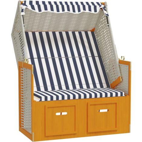 Strandkorb mit Dach Poly Rattan & Massivholz Weiß & Blau Sonnenliege