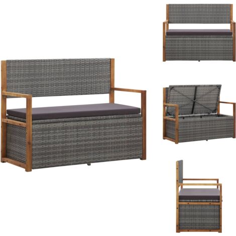 Bank mit Stauraum 115 cm Poly Rattan Massivholz Akazie Grau - Außenbank - Gartenbank - Rattan Möbel - Gartenmöbeln - Stauraumbank