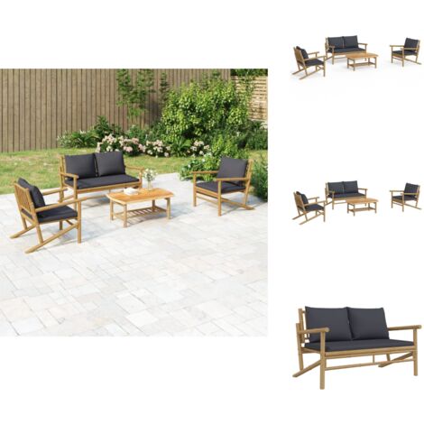4tlg. GartenLoungeSet mit Dunkelgrauen Kissen Bambus Gartenmöbel