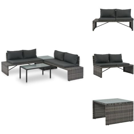 3tlg. GartenLoungeSet mit Polstern Poly Rattan Grau Gartenmöbel