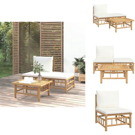 3tlg. GartenLoungeSet mit Kissen Creme Bambus Bambus Möbel