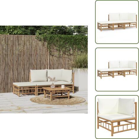3-tlg. Garten-Lounge-Set mit Kissen Creme Bambus - Bambus Mbel -  Gartenloungeset - Outdoor Mbel - Esstisch - Wohnzimmergarnitur