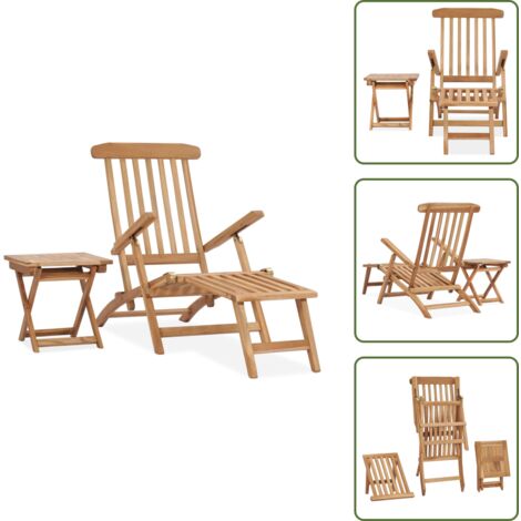 GartenLiegestuhl mit Fußstütze und Tisch Massivholz Teak Holz
