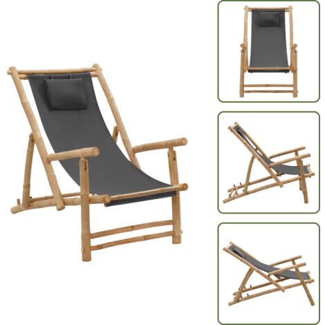 Liegestuhl Bambus und Canvas Dunkelgrau - Bambus Sessel - Gartenstuhl -  Liege - Outdoor Mbel - Sonnenschirm Stuhl