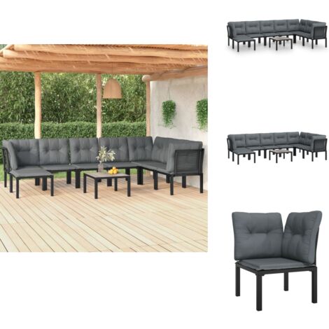 9tlg. GartenLoungeSet Schwarz und Grau Poly Rattan Gartensessel