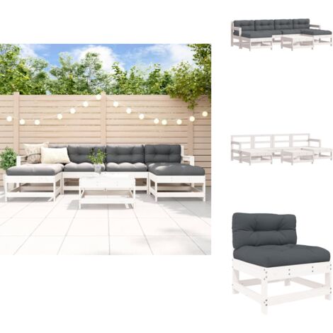 7tlg. GartenLoungeSet mit Kissen Weiß Massivholz Gartenmöbel