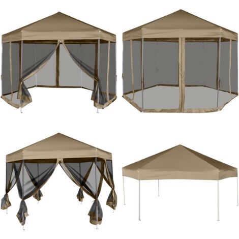 Faltpavillon mit Seitenwänden Sechseckig 3,6x3,1m Taupe 220g/m²