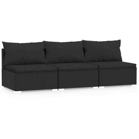 3SitzerSofa mit Kissen Schwarz Poly Rattan 3SitzerSofa 3Sitzer