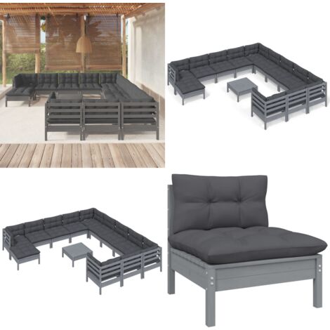 13tlg. GartenLoungeSet mit Kissen Grau Kiefernholz Garten Lounge
