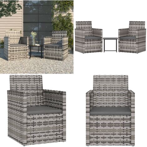 3tlg. GartenLoungeSet mit Kissen Poly Rattan Grau Outdoor Lounge