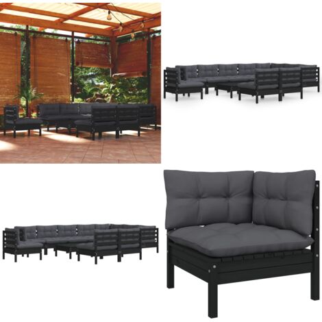 11tlg. GartenLoungeSet mit Kissen Schwarz Massivholz Kiefer Garten