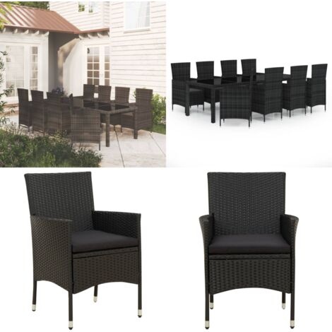 9tlg. GartenEssgruppe mit Kissen Poly Rattan Schwarz