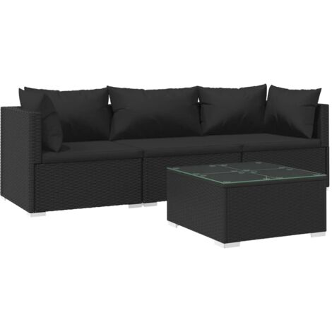 4tlg. GartenLoungeSet mit Auflagen Poly Rattan Schwarz Garten