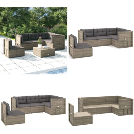 5tlg. GartenLoungeSet mit Kissen Grau Poly Rattan Garten Lounge