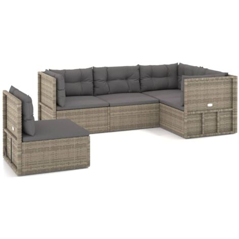 5tlg. GartenLoungeSet mit Kissen Grau Poly Rattan Garten Lounge