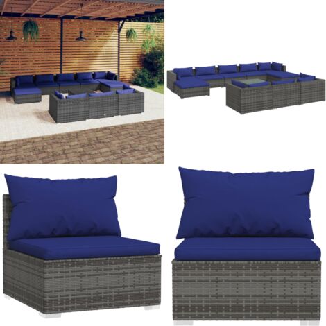 11tlg. GartenLoungeSet mit Kissen Grau Poly Rattan GartenLounge