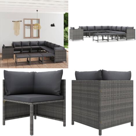 12tlg. GartenLoungeSet mit Kissen Poly Rattan Grau Gartenloungeset