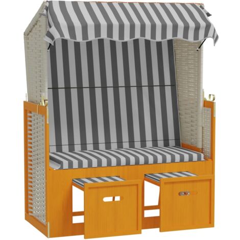 Strandkorb mit Dach Poly Rattan & Massivholz Weiß & Grau Sonnenschirm
