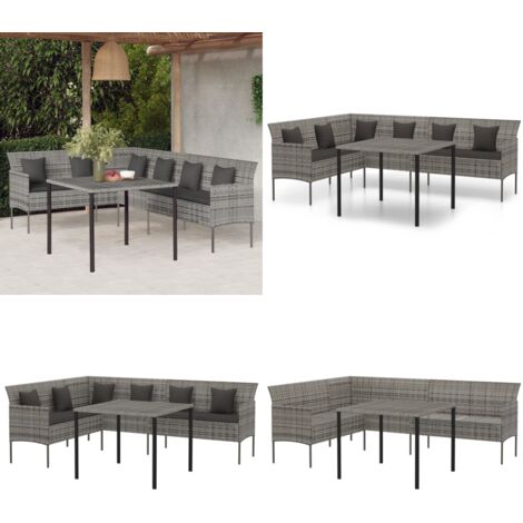 2tlg. GartenEssgruppe mit Kissen Grau Poly Rattan Gartenmöbel Set