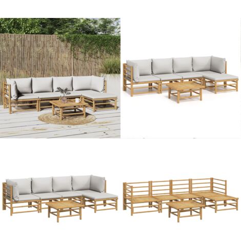 6tlg. GartenLoungeSet mit Hellgrauen Kissen Bambus Bambus Möbel