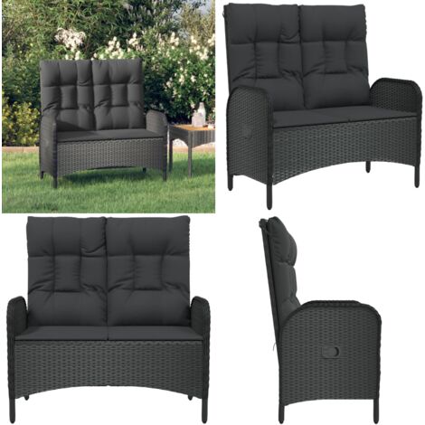 Gartenbank mit Liegefunktion & Kissen 107cm Poly Rattan Schwarz