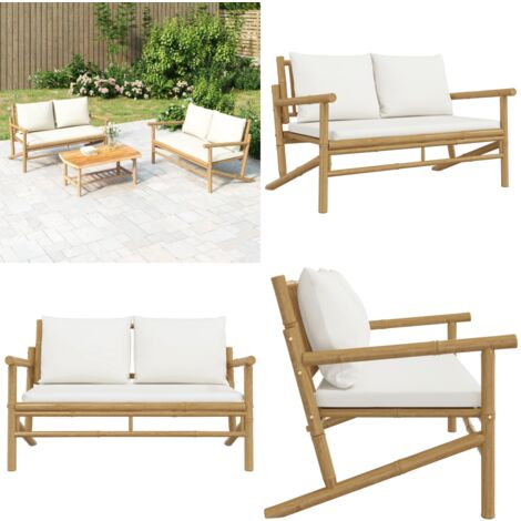 Gartenbank mit Cremeweien Kissen Bambus - Bambus Gartenbank - Gartenmbel  - Terrasse - Balkon - Esstisch - Home & Living