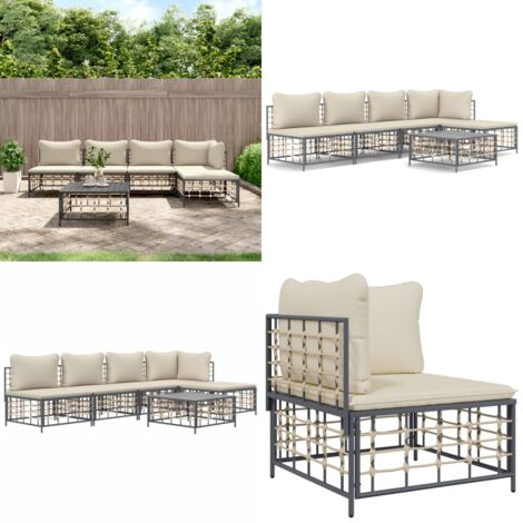 6tlg. GartenLoungeSet mit Kissen Anthrazit Poly Rattan