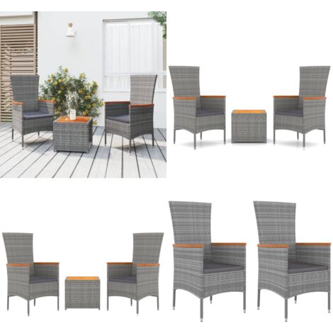 3tlg. GartenLoungeSet Grau Poly Rattan & Massivholz Akazie