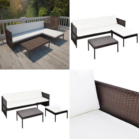 3tlg. GartenLoungeSet mit Auflagen Poly Rattan Braun Gartenmöbel