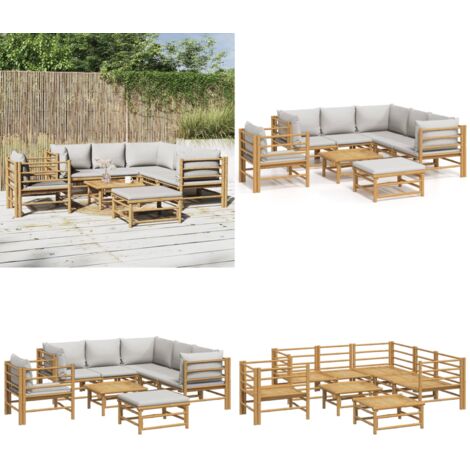 8tlg. GartenLoungeSet mit Kissen Hellgrau Bambus Bambus Möbel
