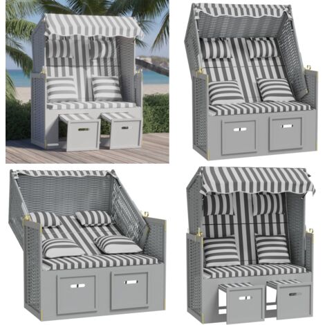 Strandkorb mit Kissen Poly Rattan und Massivholz Grau & Weiß