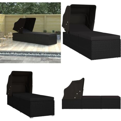 Sonnenliege mit Sonnenschutz und Auflage Poly Rattan Schwarz