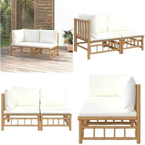 2tlg. GartenLoungeSet mit Cremeweißen Kissen Bambus Bambus Möbel