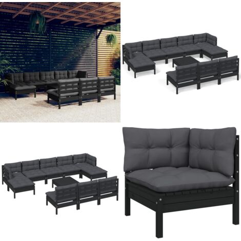 11tlg. GartenLoungeSet mit Kissen Schwarz Kiefernholz Gartengeräte