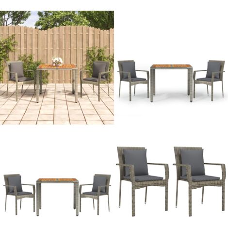 3tlg. GartenEssgruppe mit Kissen Grau Poly Rattan Gartenmöbel