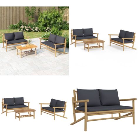 3tlg. GartenLoungeSet mit Dunkelgrauen Kissen Bambus Gartensessel