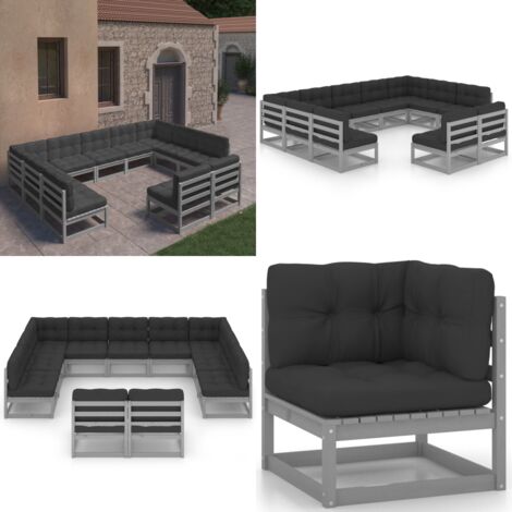 11tlg. GartenLoungeSet mit Kissen Grau Kiefer Massivholz Garten